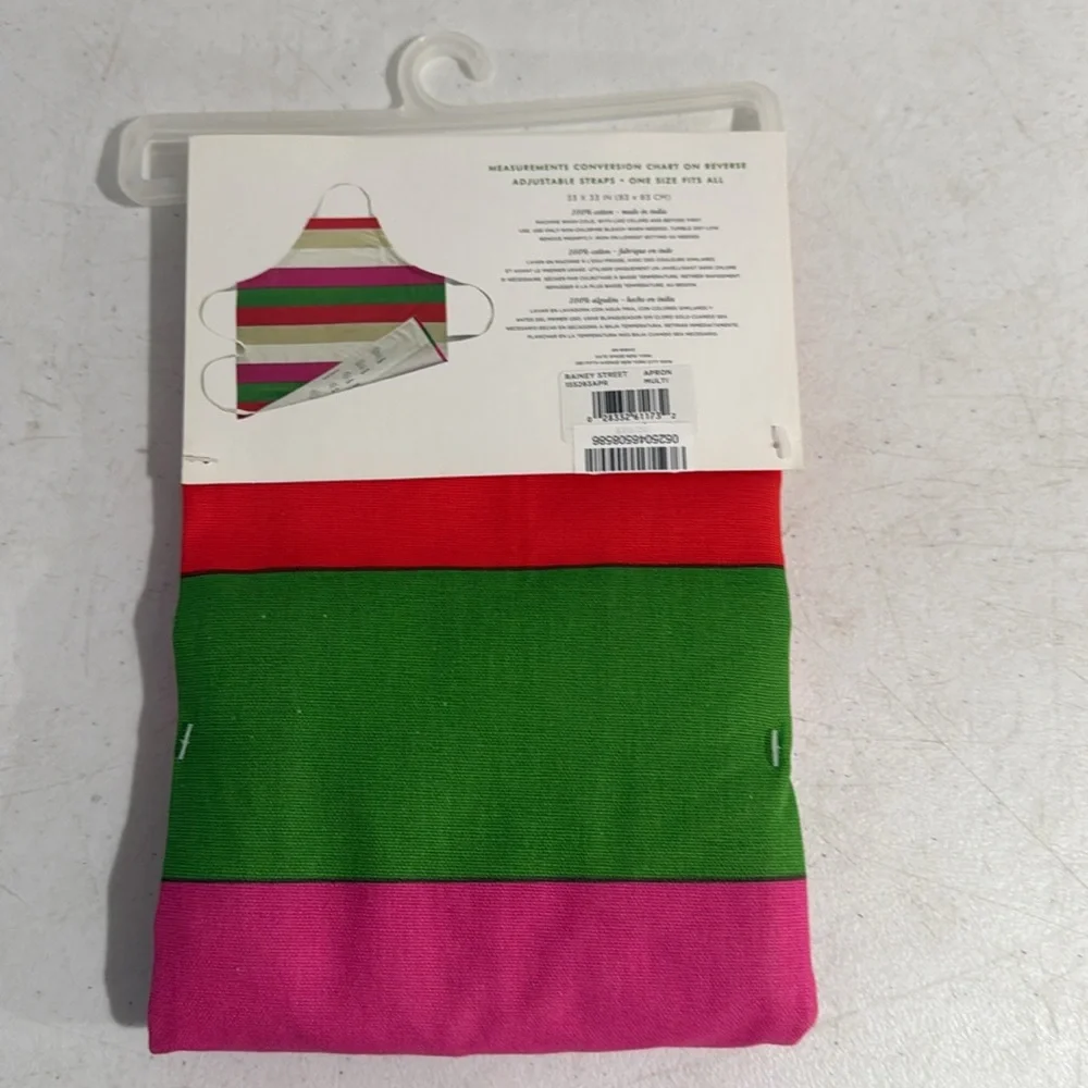 Kate Spade Colorful Striped Apron with measurements on the inside hem